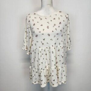 Como Vintage Womens 2X Floral Tiered Babydoll Tunic Cream Ruffle Sleeve Boho